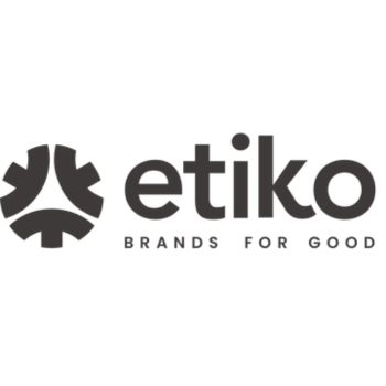Black circular three-part geometric symbol and words “Brands for Good”